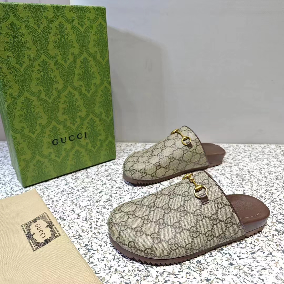 Gucci Unisex Horsebit Slipper Beige Ebony GG Supreme Leather Horsebit Flat 1 CM Heel