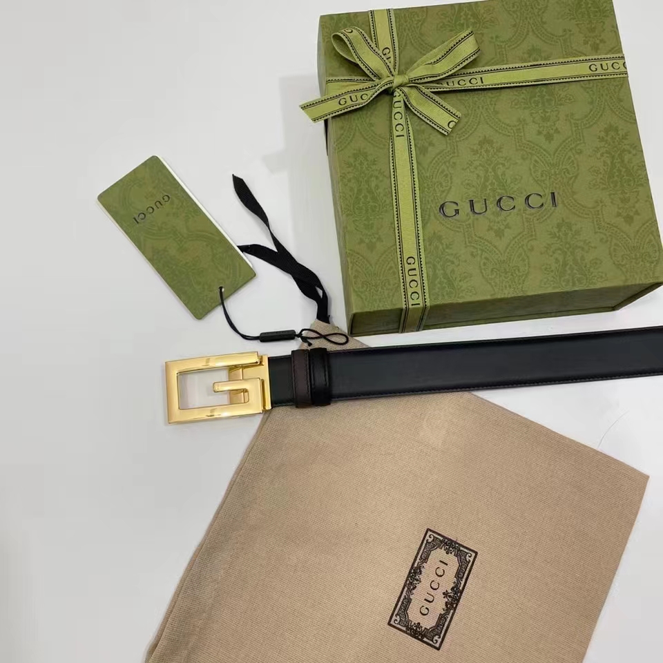 Gucci Unisex Reversible Belt Square G Buckle Black Leather Reverses Brown Leather