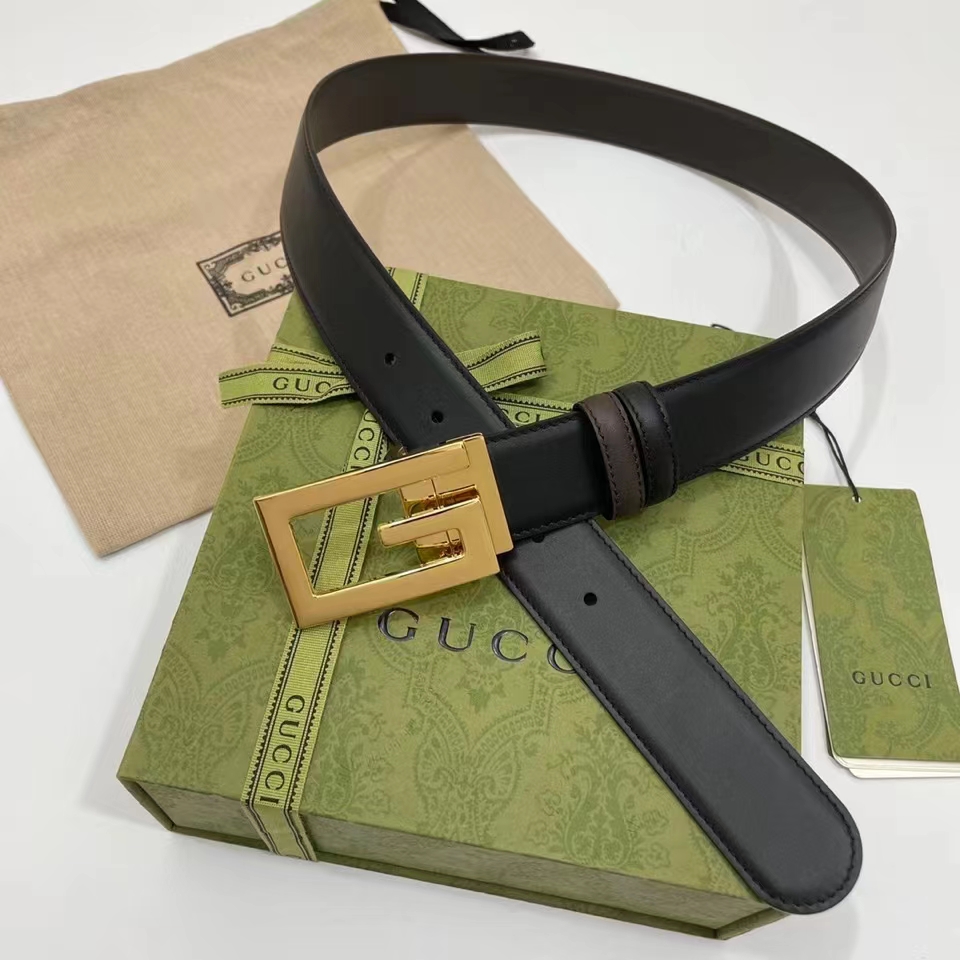Gucci Unisex Reversible Belt Square G Buckle Black Leather Reverses Brown Leather