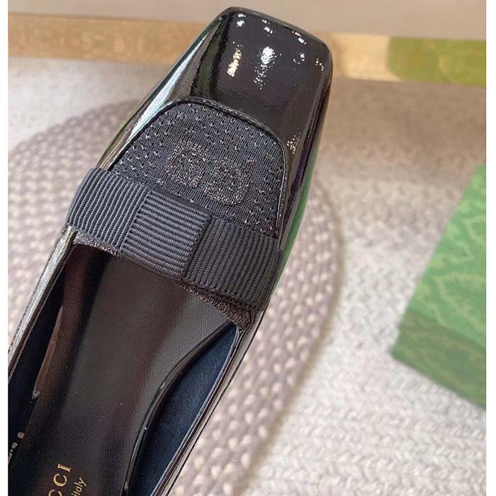 Gucci Women Ballet Flats GG Canvas Black Patent Leather Bow Sole Square Toe