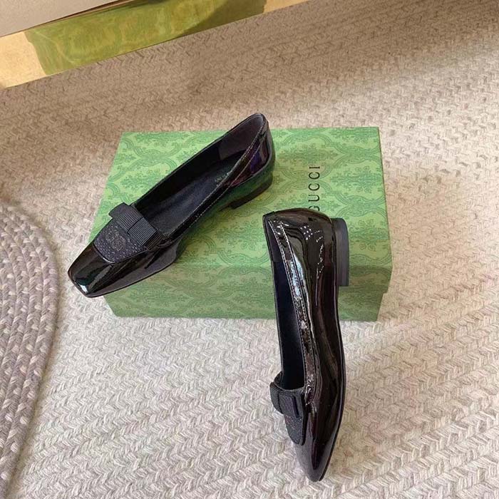 Gucci Women Ballet Flats GG Canvas Black Patent Leather Bow Sole Square Toe
