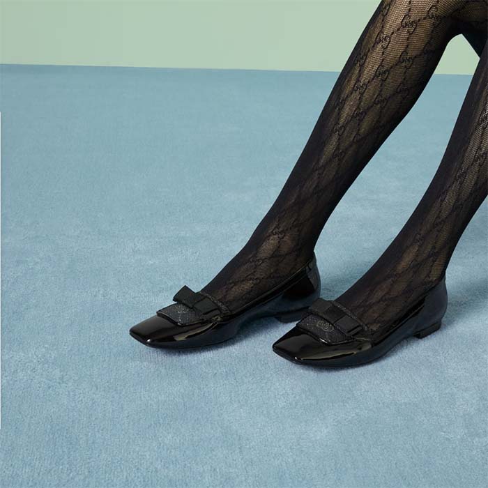 Gucci Women Ballet Flats GG Canvas Black Patent Leather Bow Sole Square Toe