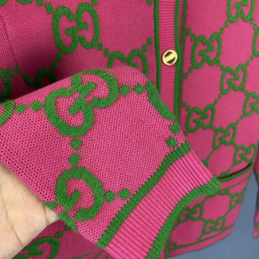 Gucci Women Cotton Silk Blend Cardigan Fuchsia Green Jacquard Crewneck Long Sleeves