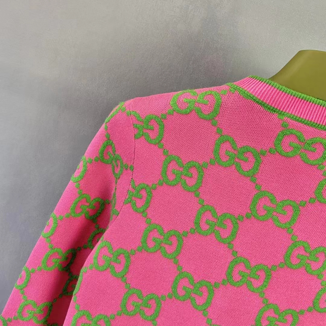 Gucci Women Cotton Silk Blend Cardigan Fuchsia Green Jacquard Crewneck Long Sleeves