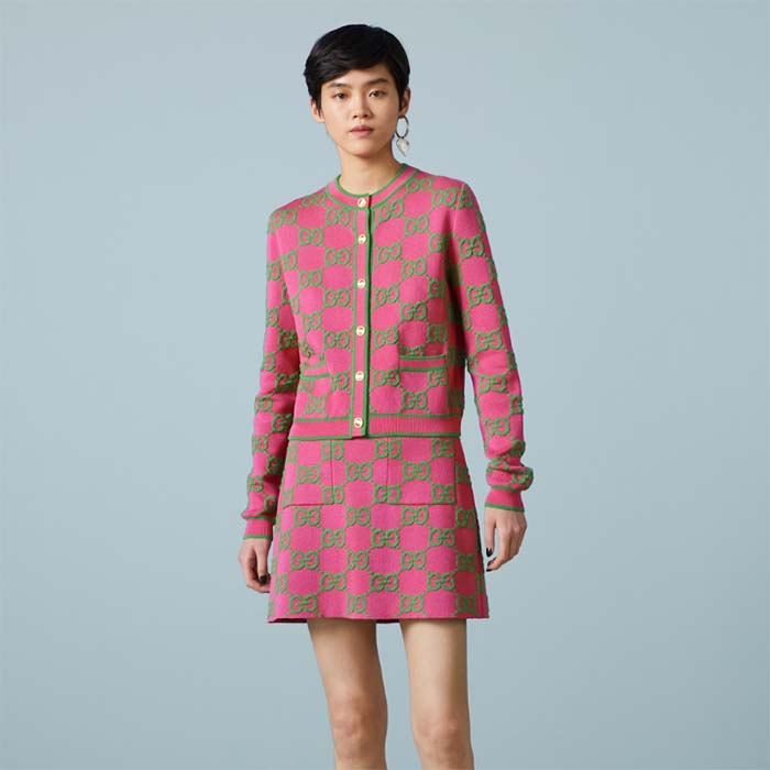 Gucci Women Cotton Silk Blend Cardigan Fuchsia Green Jacquard Crewneck Long Sleeves