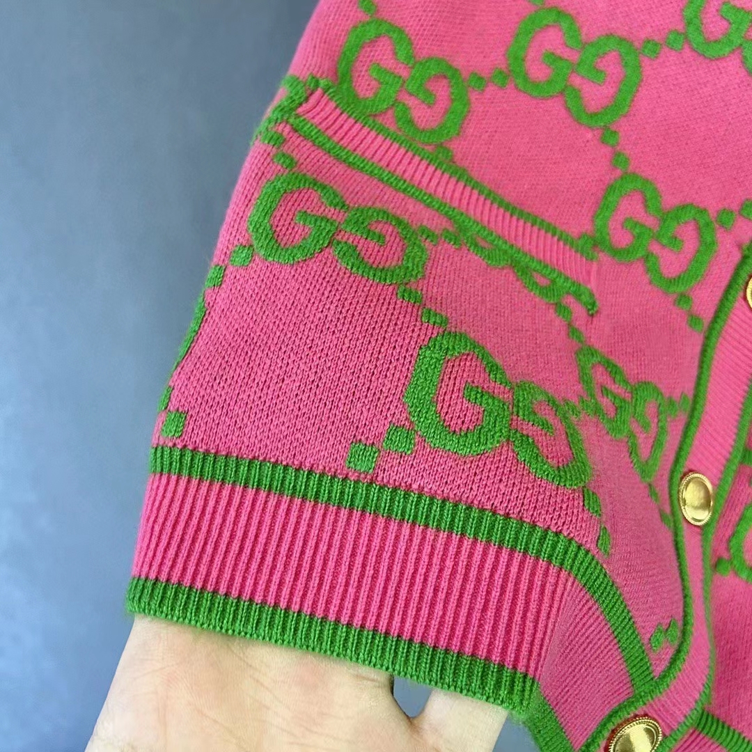 Gucci Women Cotton Silk Blend Cardigan Fuchsia Green Jacquard Crewneck Long Sleeves