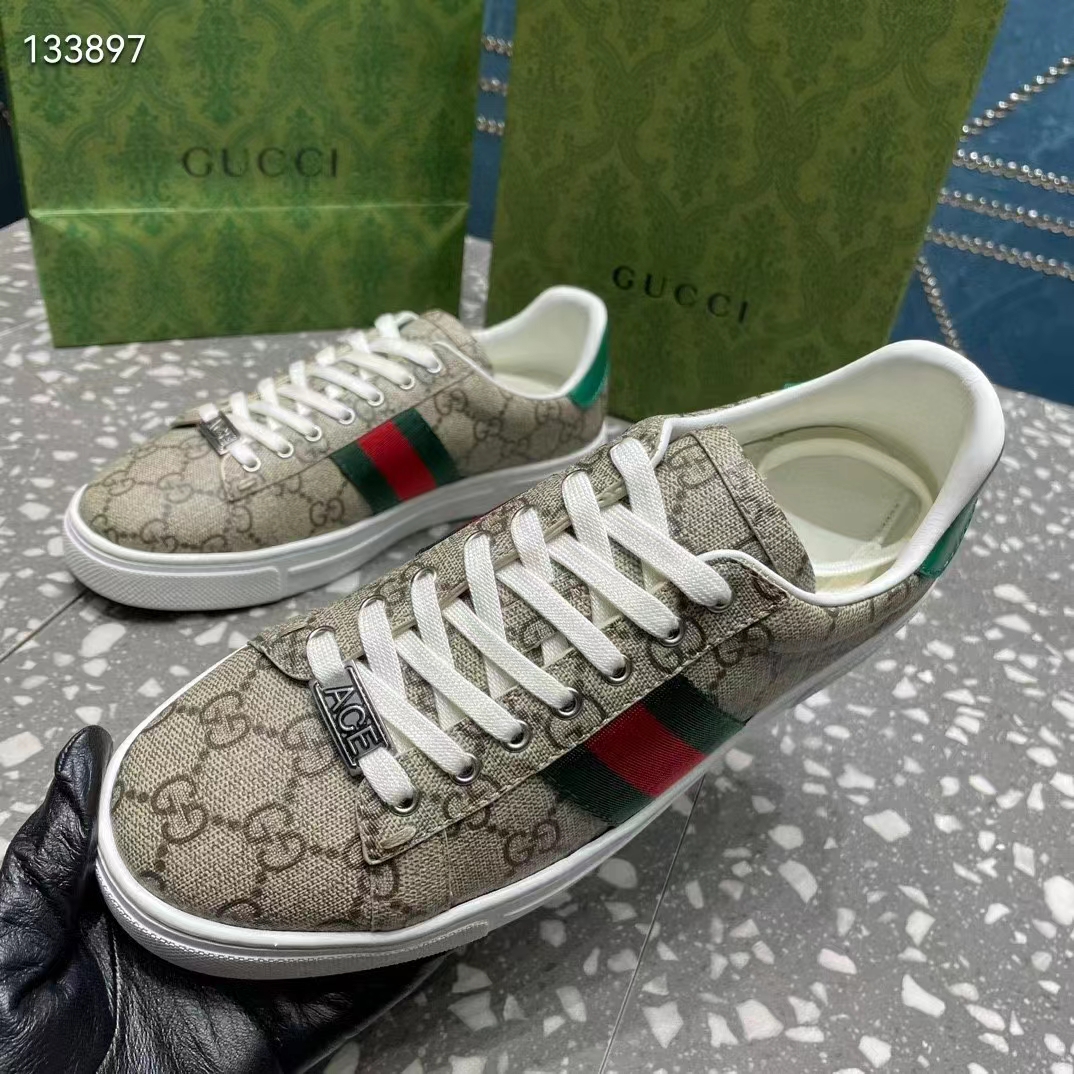 Gucci Unisex GG Ace Sneaker Web Beige Ebony GG Supreme Rubber Low-Heel