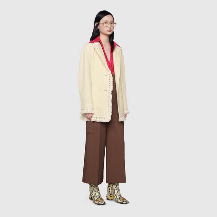 Gucci Women GG Belted Wool Bouclé Jacket White Ribbon Lined Detachable Patch Pockets