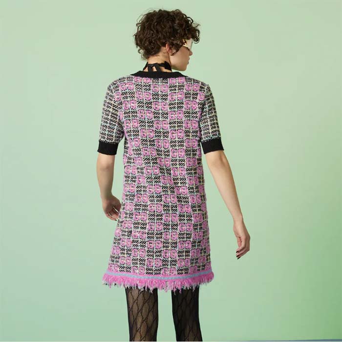 Gucci Women GG Cotton Dress Black Pink Blend Double G Buttons Intarsia Crewneck Short Sleeves