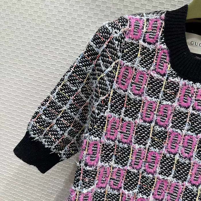 Gucci Women GG Cotton Dress Black Pink Blend Double G Buttons Intarsia Crewneck Short Sleeves