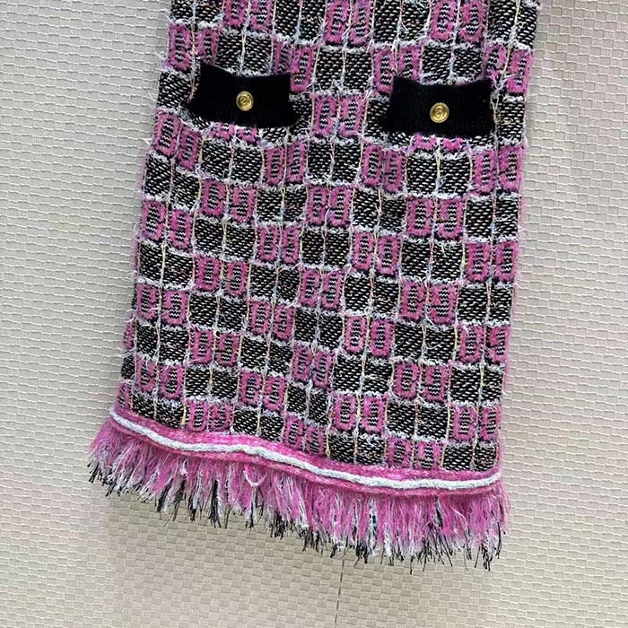 Gucci Women GG Cotton Dress Black Pink Blend Double G Buttons Intarsia Crewneck Short Sleeves
