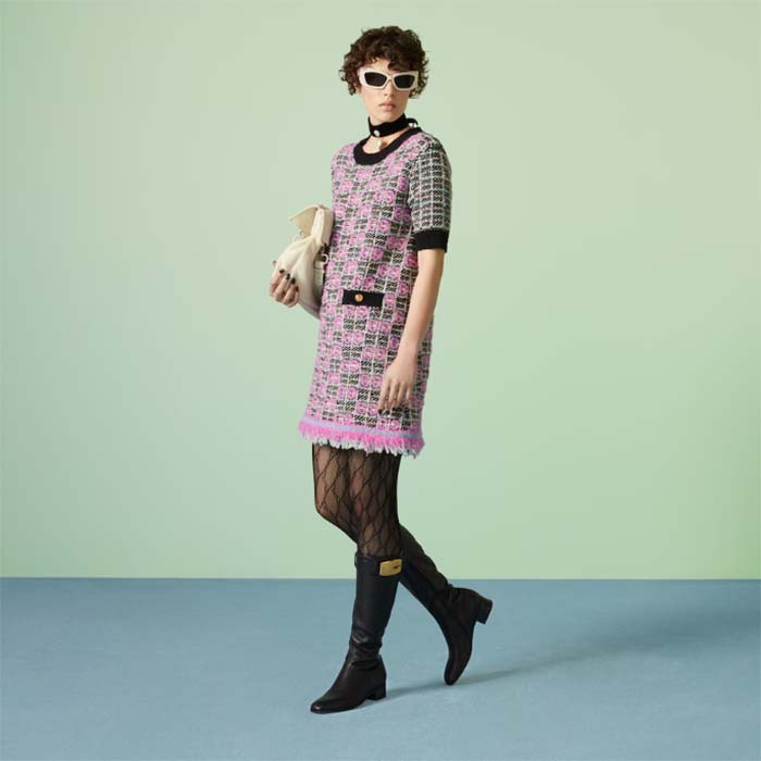 Gucci Women GG Cotton Dress Black Pink Blend Double G Buttons Intarsia Crewneck Short Sleeves