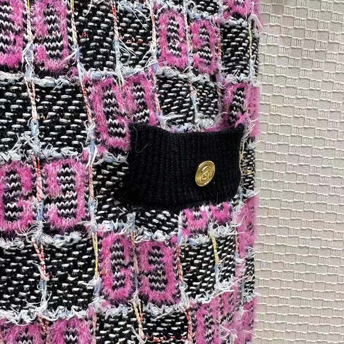 Gucci Women GG Cotton Dress Black Pink Blend Double G Buttons Intarsia Crewneck Short Sleeves