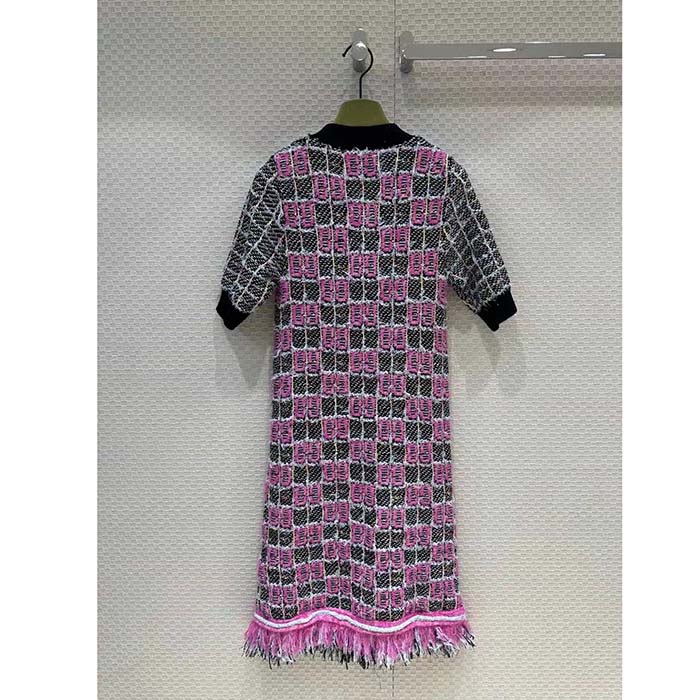 Gucci Women GG Cotton Dress Black Pink Blend Double G Buttons Intarsia Crewneck Short Sleeves