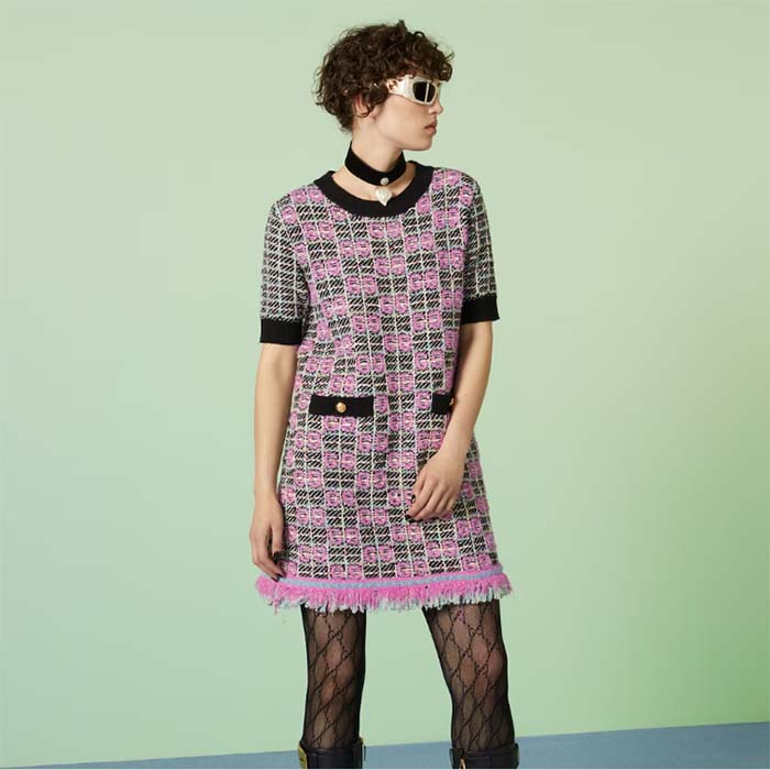 Gucci Women GG Cotton Dress Black Pink Blend Double G Buttons Intarsia Crewneck Short Sleeves