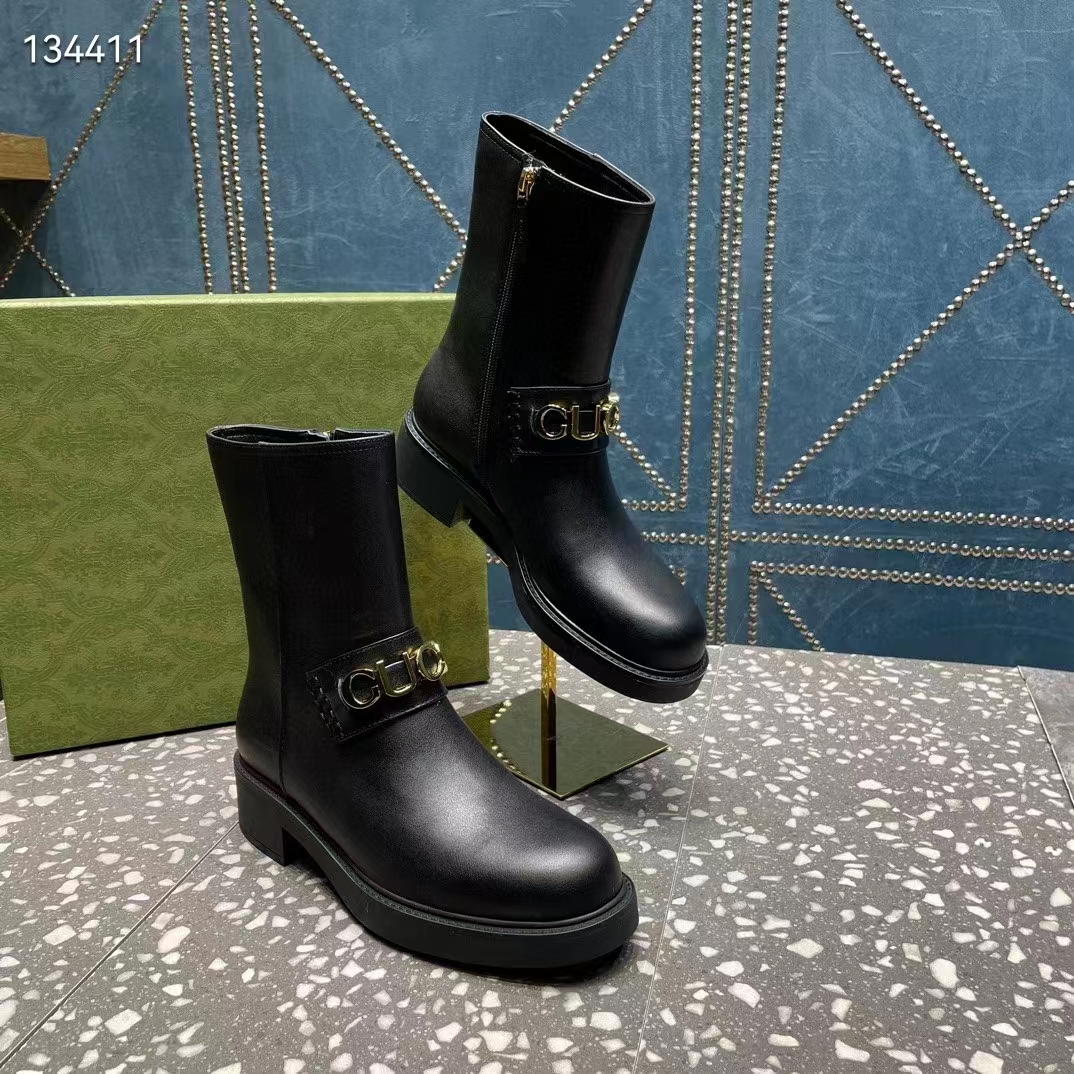 Gucci Women GG Gucci Boot Black Leather Rubber Sole Mid 8.9 CM Heel