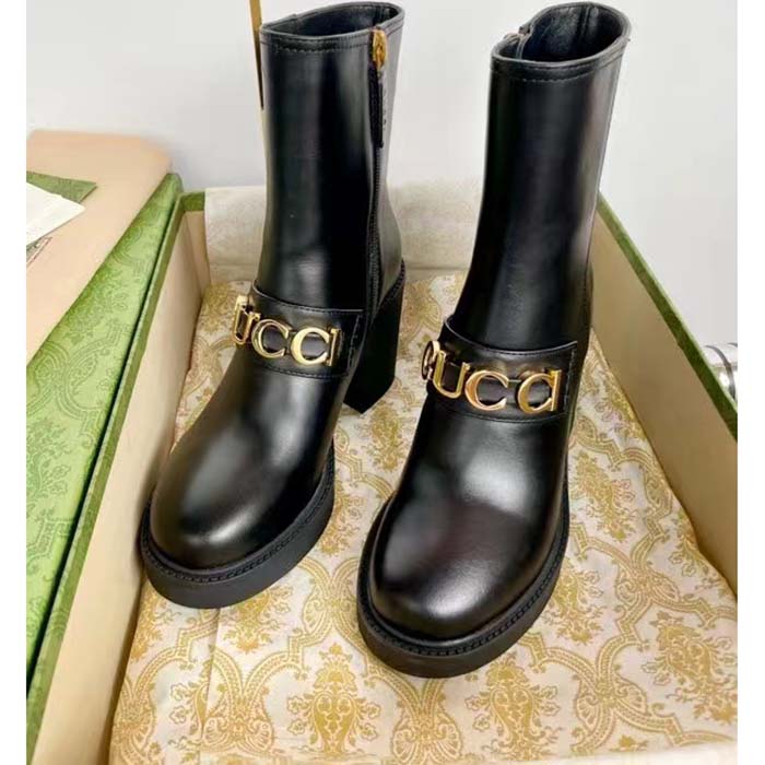 Gucci Women GG Gucci Boot Black Leather Script Rubber Sole Side Zip Closure Mid-Heel