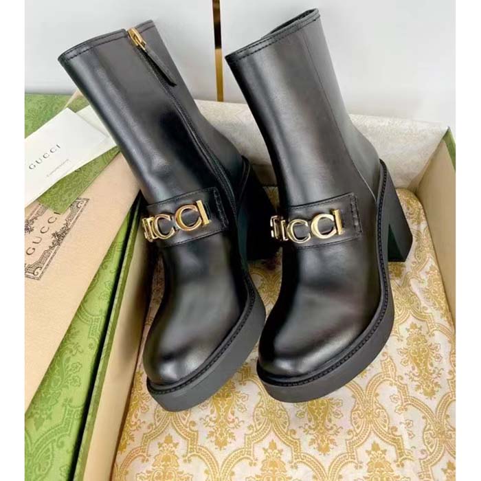 Gucci Women GG Gucci Boot Black Leather Script Rubber Sole Side Zip Closure Mid-Heel