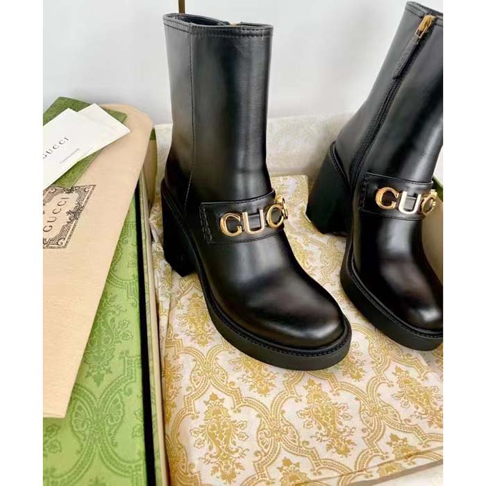 Gucci Women GG Gucci Boot Black Leather Script Rubber Sole Side Zip Closure Mid-Heel