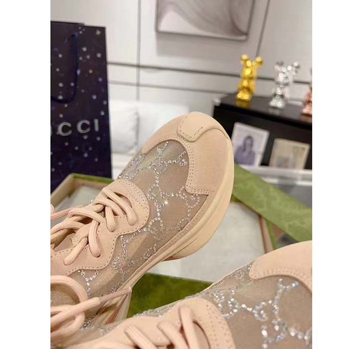 Gucci Women GG Gucci Run GG Crystal Mesh Sneaker Pink Suede Mid 6 CM Heel