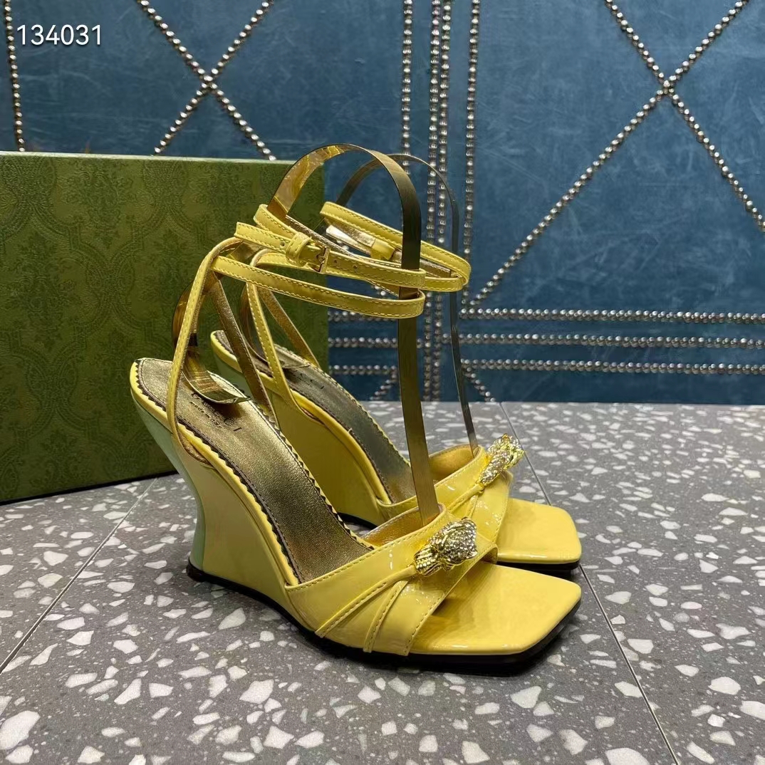 Gucci Women GG High-Heel Sandal Hardware Yellow Patent Leather Square Toe Geometric-Shaped Heel