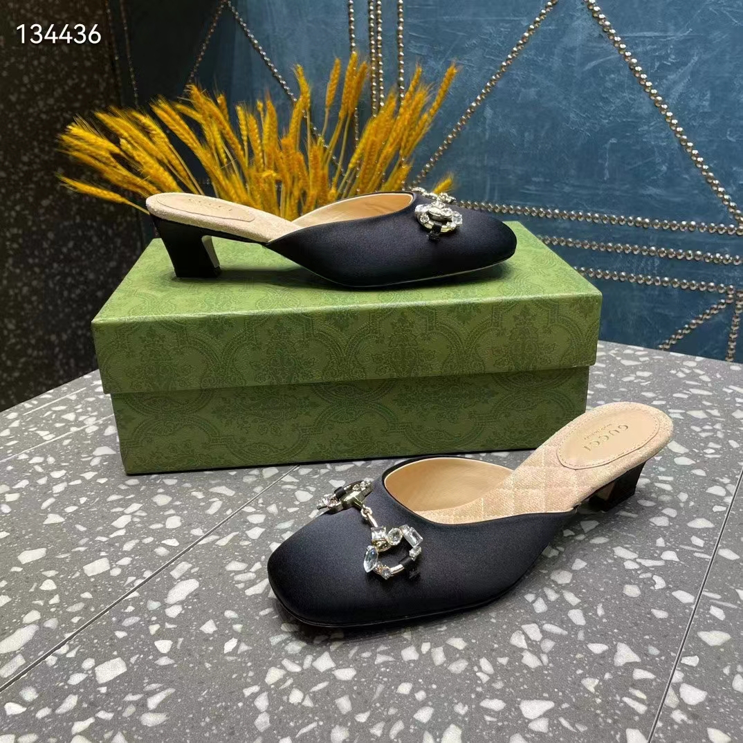 Gucci Women GG Horsebit Mule Black Satin Crystals Leather Sole Low 4.3 CM Heel