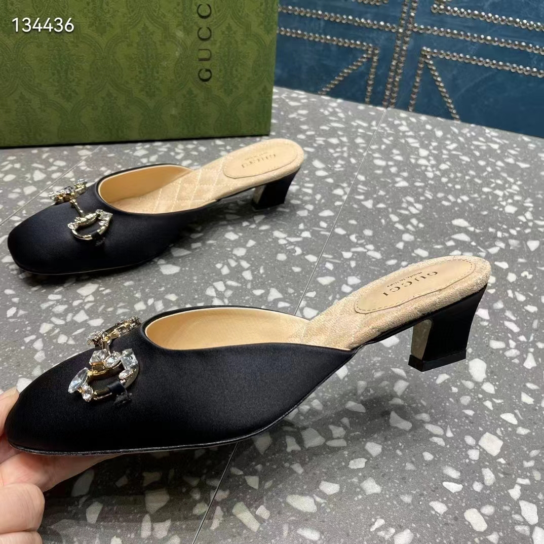 Gucci Women GG Horsebit Mule Black Satin Crystals Leather Sole Low 4.3 CM Heel