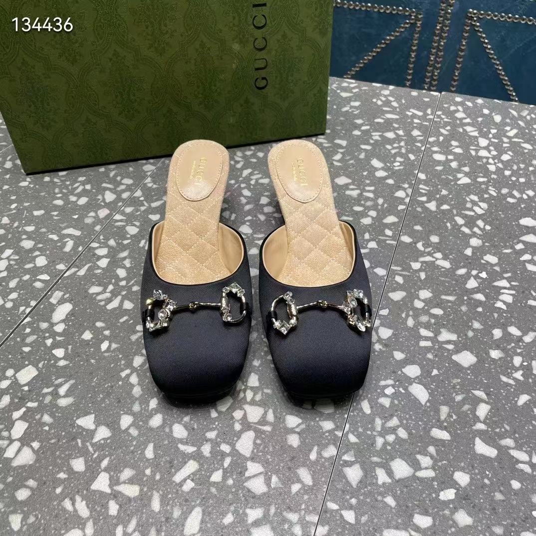 Gucci Women GG Horsebit Mule Black Satin Crystals Leather Sole Low 4.3 CM Heel