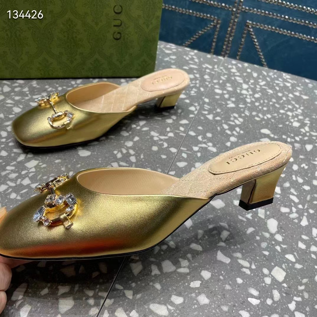 Gucci Women GG Horsebit Mule Gold Metallic Leather Crystals Leather Sole Low-Heel