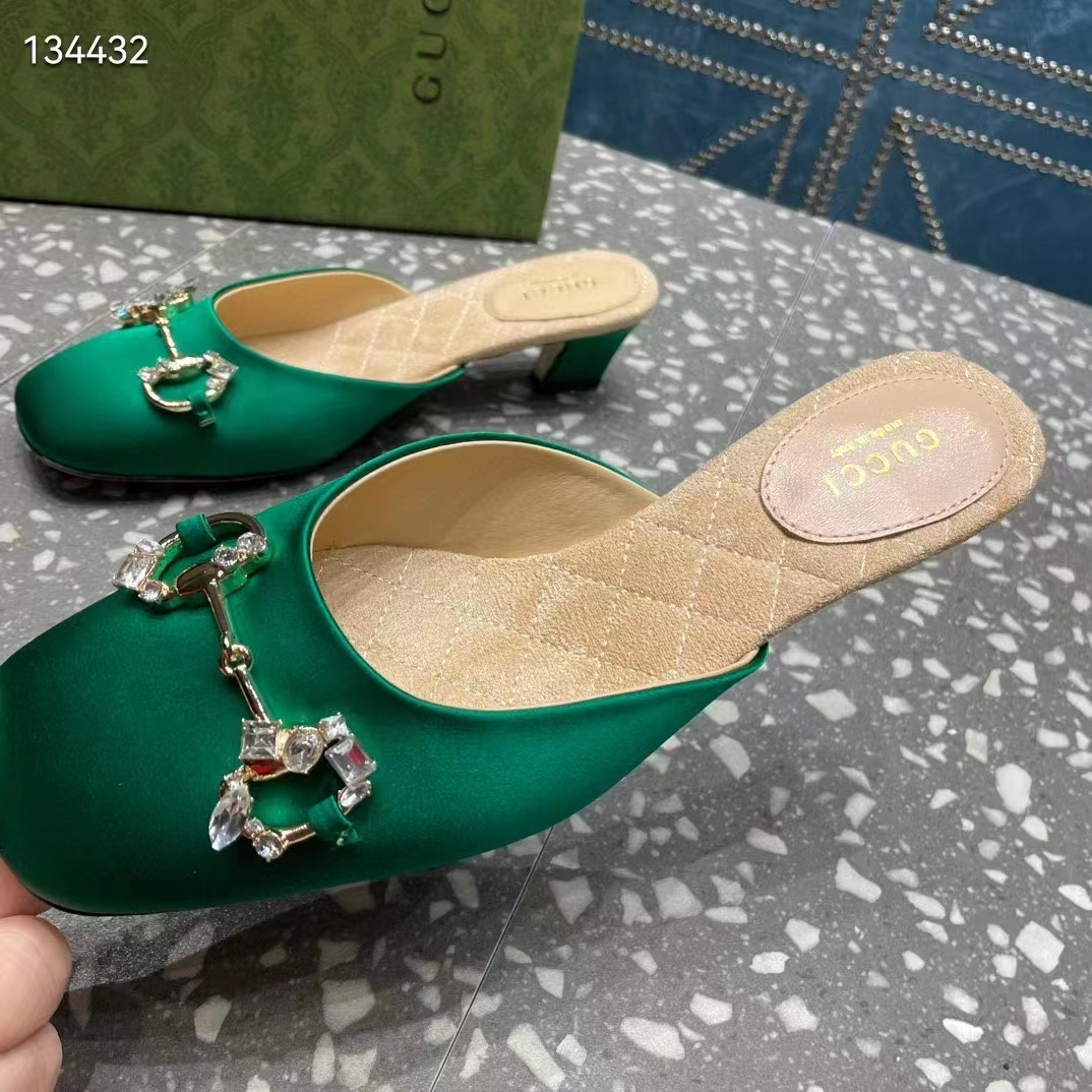 Gucci Women GG Horsebit Mule Green Satin Crystals Leather Sole Low 4.3 CM Heel