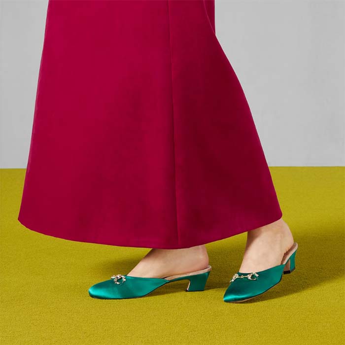 Gucci Women GG Horsebit Mule Green Satin Crystals Leather Sole Low 4.3 CM Heel