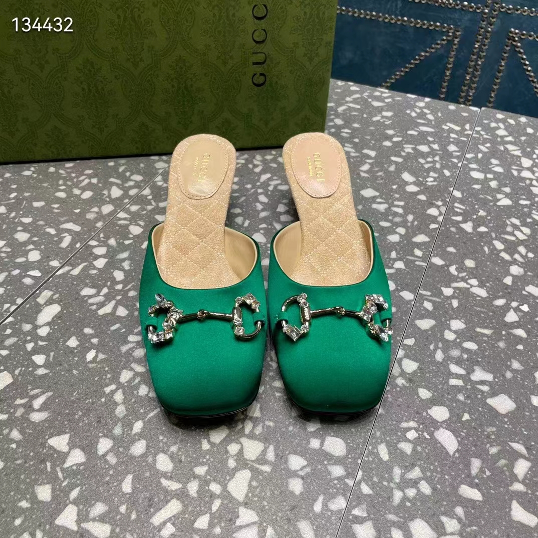 Gucci Women GG Horsebit Mule Green Satin Crystals Leather Sole Low 4.3 CM Heel