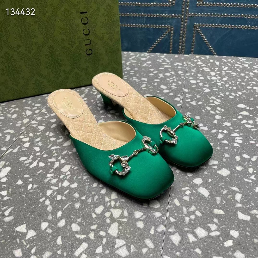 Gucci Women GG Horsebit Mule Green Satin Crystals Leather Sole Low 4.3 CM Heel