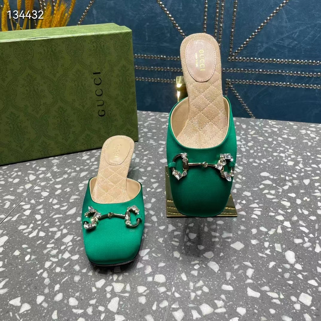Gucci Women GG Horsebit Mule Green Satin Crystals Leather Sole Low 4.3 CM Heel
