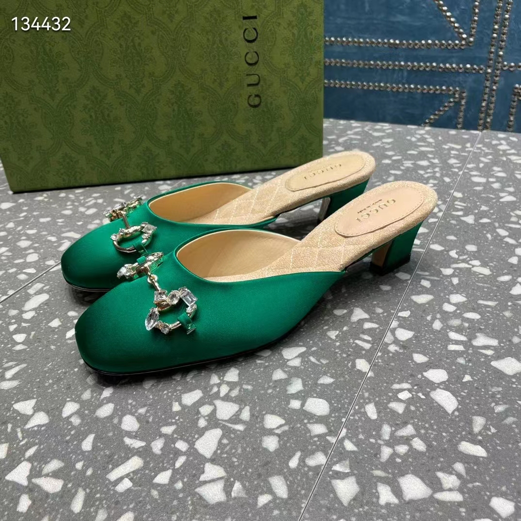 Gucci Women GG Horsebit Mule Green Satin Crystals Leather Sole Low 4.3 CM Heel