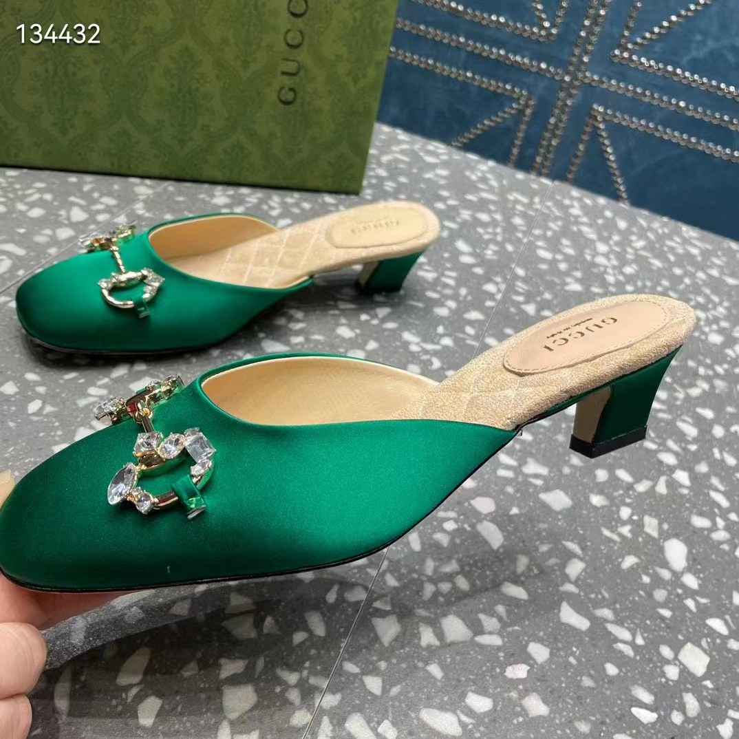 Gucci Women GG Horsebit Mule Green Satin Crystals Leather Sole Low 4.3 CM Heel