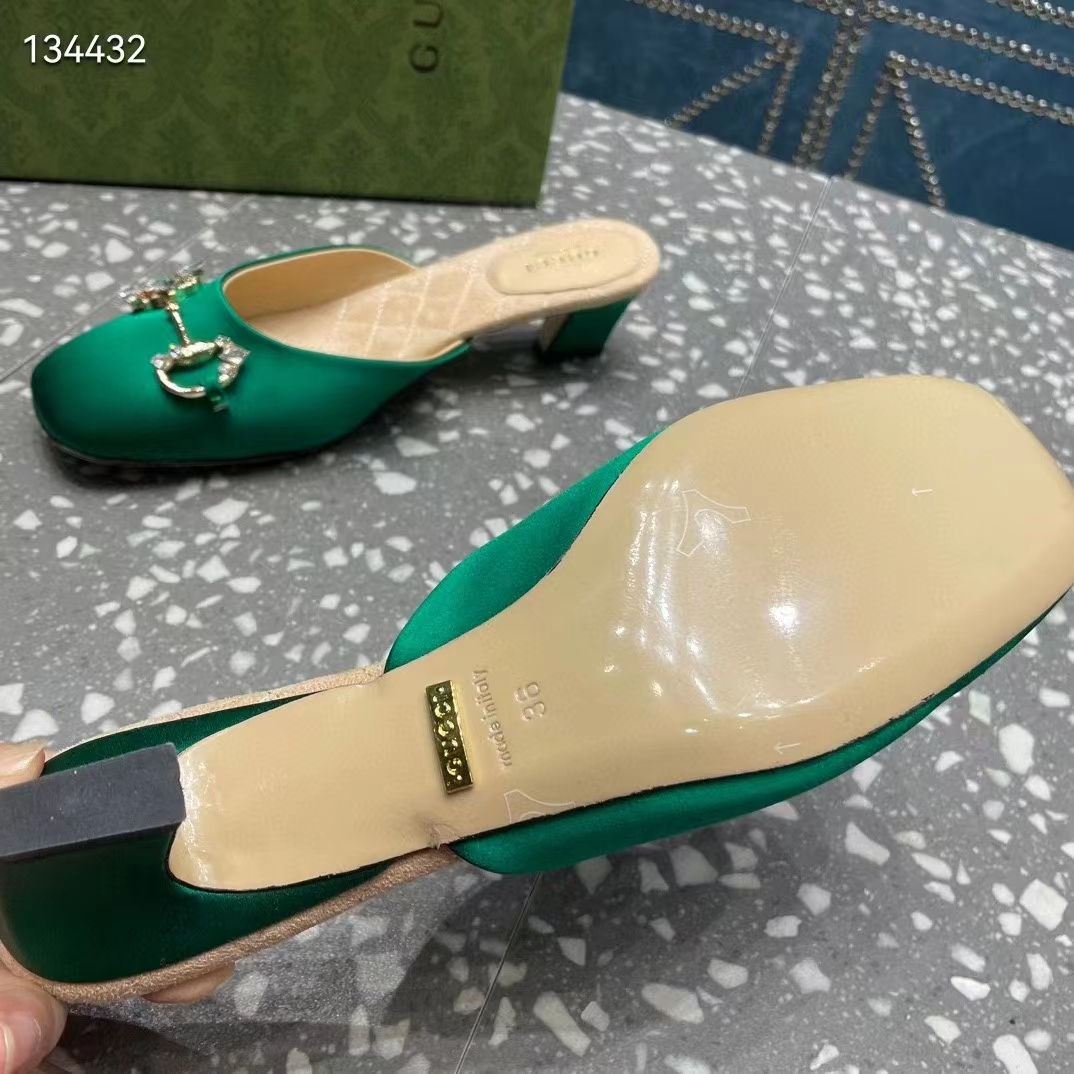 Gucci Women GG Horsebit Mule Green Satin Crystals Leather Sole Low 4.3 CM Heel
