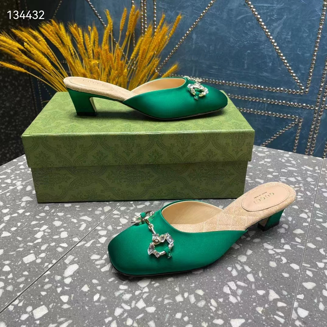 Gucci Women GG Horsebit Mule Green Satin Crystals Leather Sole Low 4.3 CM Heel