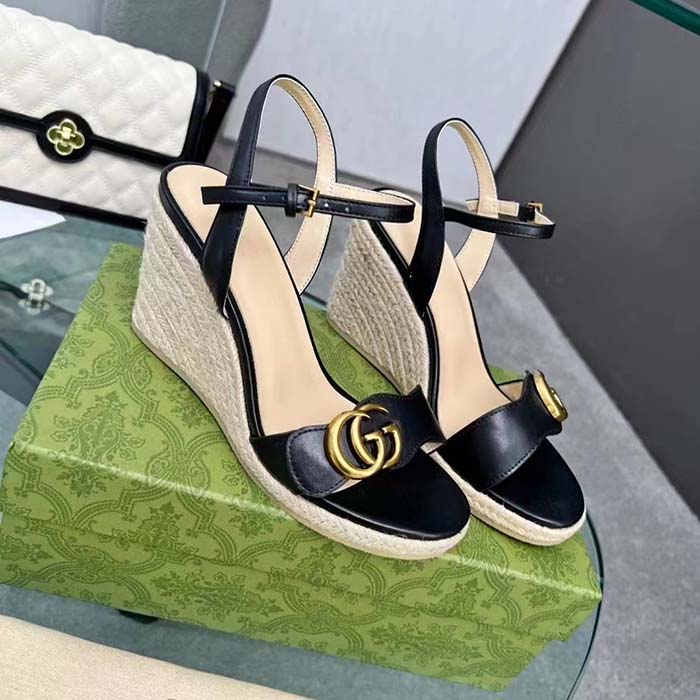 Gucci Women GG Leather Platform Espadrille Sandal Black Leather Double G High-Heel