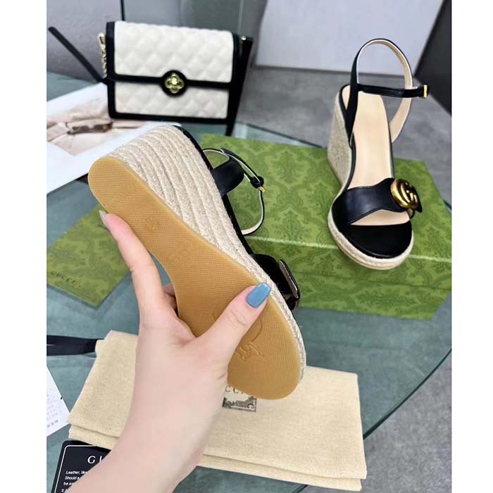 Gucci Women GG Leather Platform Espadrille Sandal Black Leather Double G High-Heel