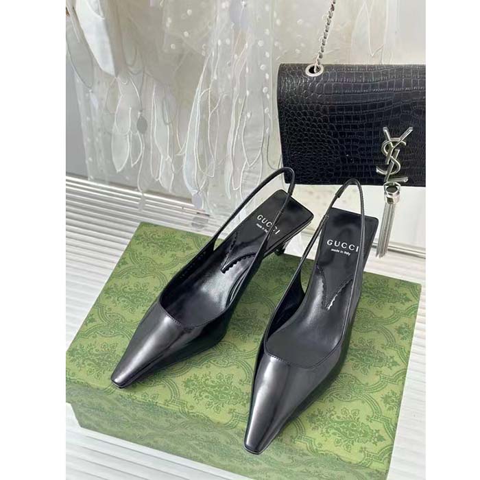 Gucci Women GG Slingback Pump Black Leather Interlocking G Square Upper Mid-Heel