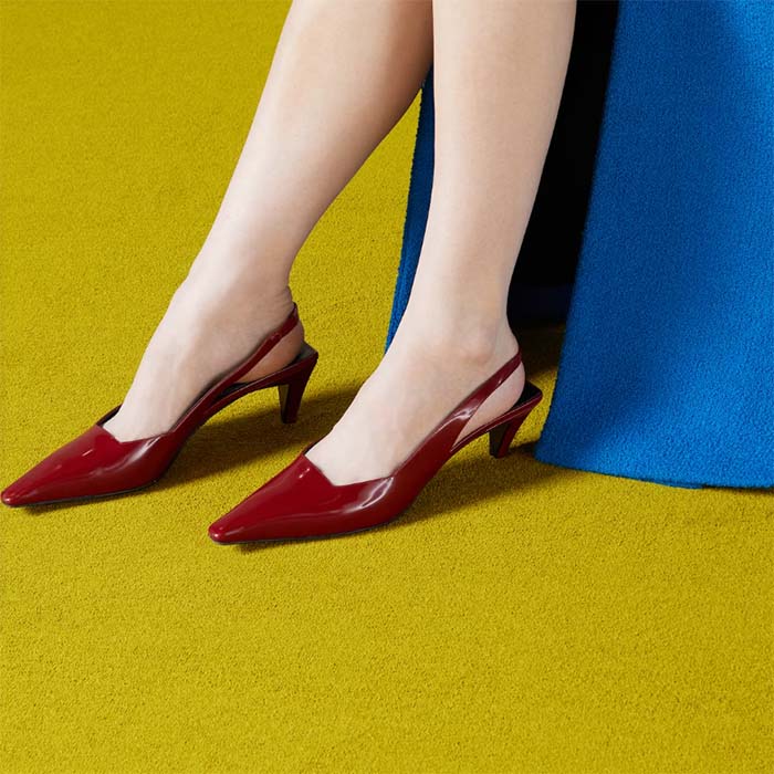 Gucci Women GG Slingback Pump Dark Red Leather Interlocking G Square Upper Mid-Heel