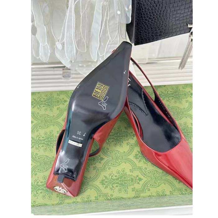 Gucci Women GG Slingback Pump Dark Red Leather Interlocking G Square Upper Mid-Heel