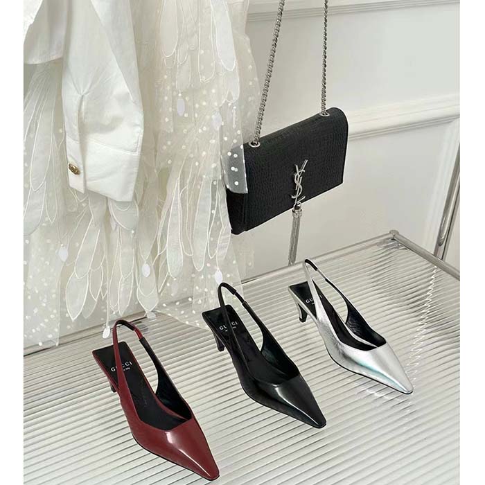 Gucci Women GG Slingback Pump Black Leather Interlocking G Square Upper Mid-Heel