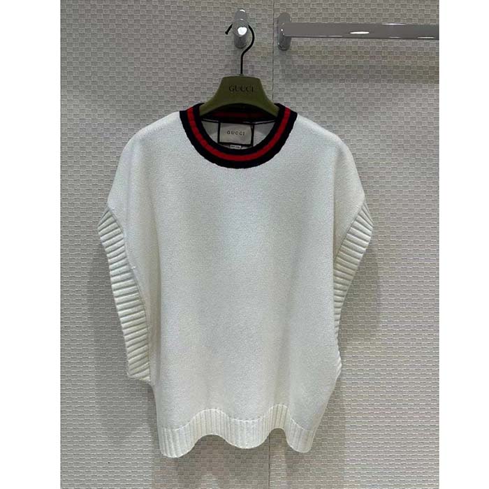 Gucci Women GG Wool Sweater Interlocking G Crewneck Web Stripe Wide Armhole Sleeveless