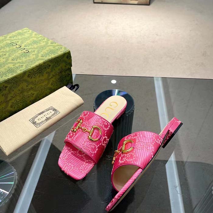 Gucci Women Horsebit Slide Sandal Fuchsia GG Raffia Leather Sole Flat