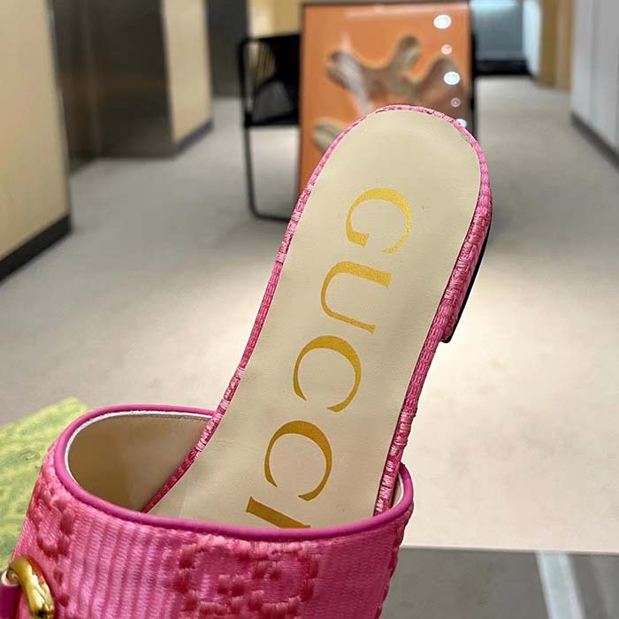 Gucci Women Horsebit Slide Sandal Fuchsia GG Raffia Leather Sole Flat