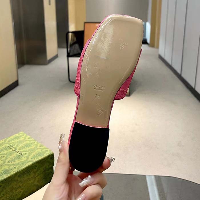 Gucci Women Horsebit Slide Sandal Fuchsia GG Raffia Leather Sole Flat
