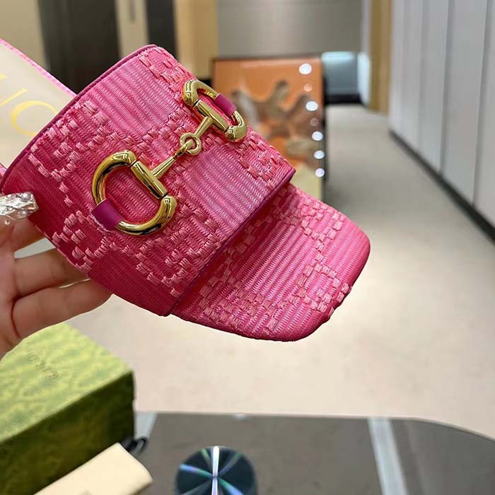 Gucci Women Horsebit Slide Sandal Fuchsia GG Raffia Leather Sole Flat
