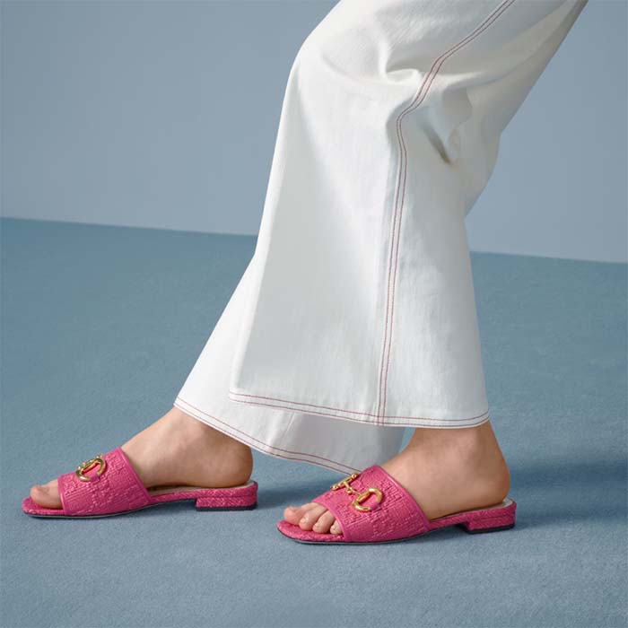 Gucci Women Horsebit Slide Sandal Fuchsia GG Raffia Leather Sole Flat